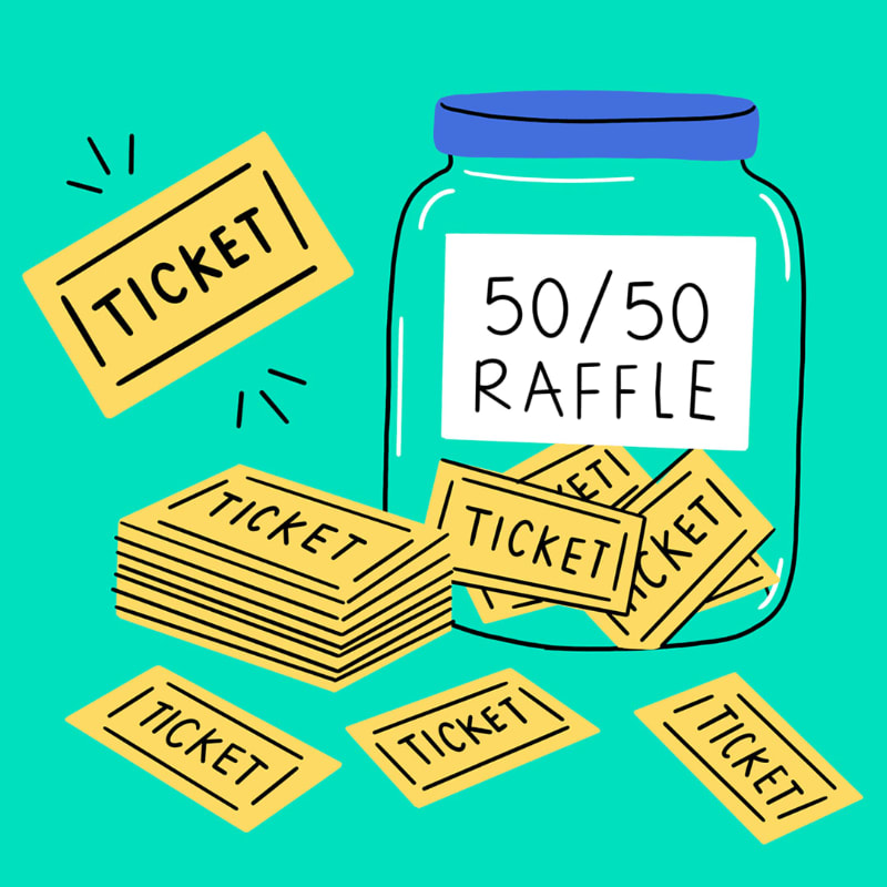 Yellow raffle tickets are scattered around a jar labeled "50/50 Raffle" on a teal background.