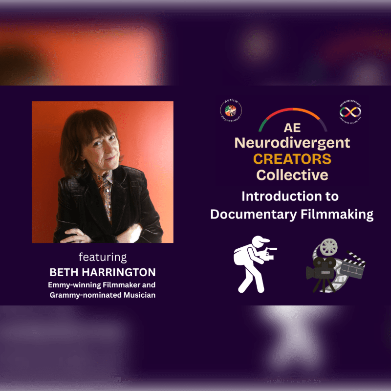 A portrait of Beth Harrington is featured on the left, with the "Neurodivergent CREATORS Collective" logo and "Introduction to Documentary Filmmaking" text on the right, against a dark purple background.