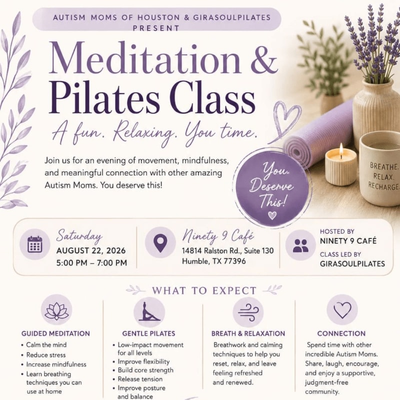 A flyer for a Meditation & Pilates Class is displayed with a yoga mat, candle, and vase of lavender in the foreground, and event details in the background.