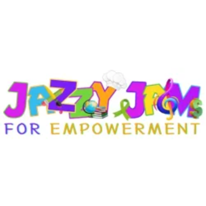 Colorful letters spelling "JAZZY JAM" with various icons like a chef's hat, globe, and musical notes are in the foreground, while "FOR EMPOWERMENT" is written below in a simpler font against a white background.