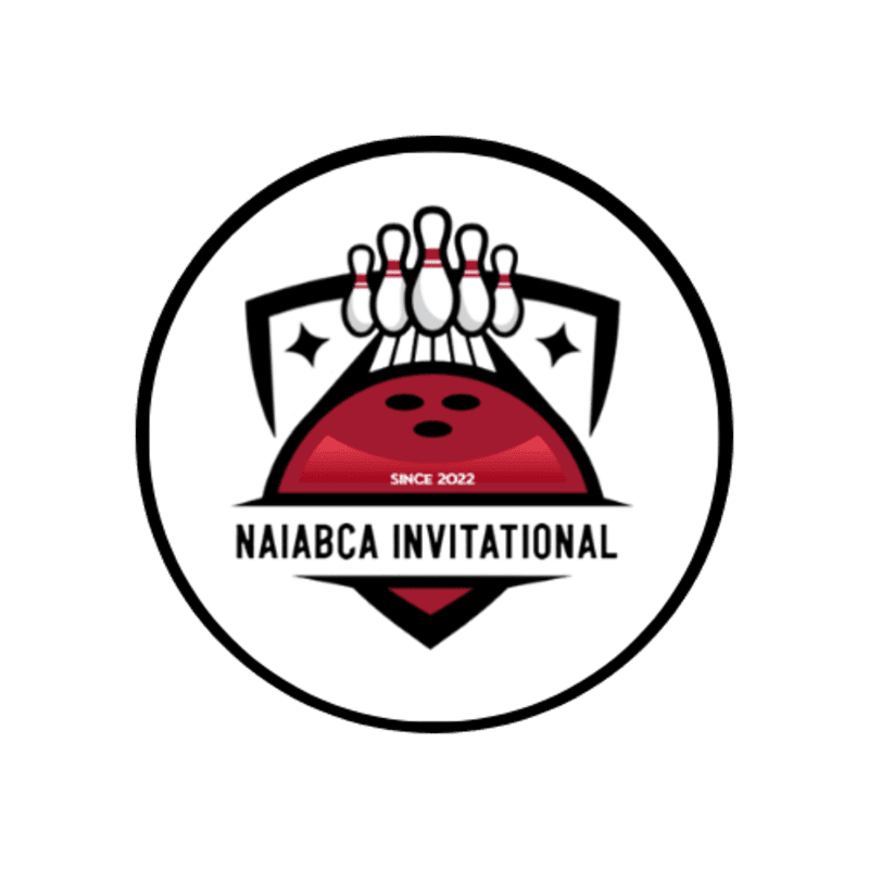 A red bowling ball with pins behind it sits within a shield, all enclosed in a black circle on a white background.