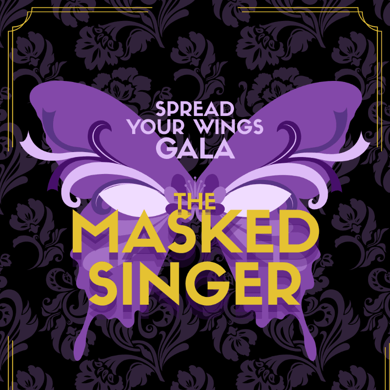 A large purple butterfly mask with "The Masked Singer" and "Spread Your Wings Gala" text overlays the dark, damask-patterned background.