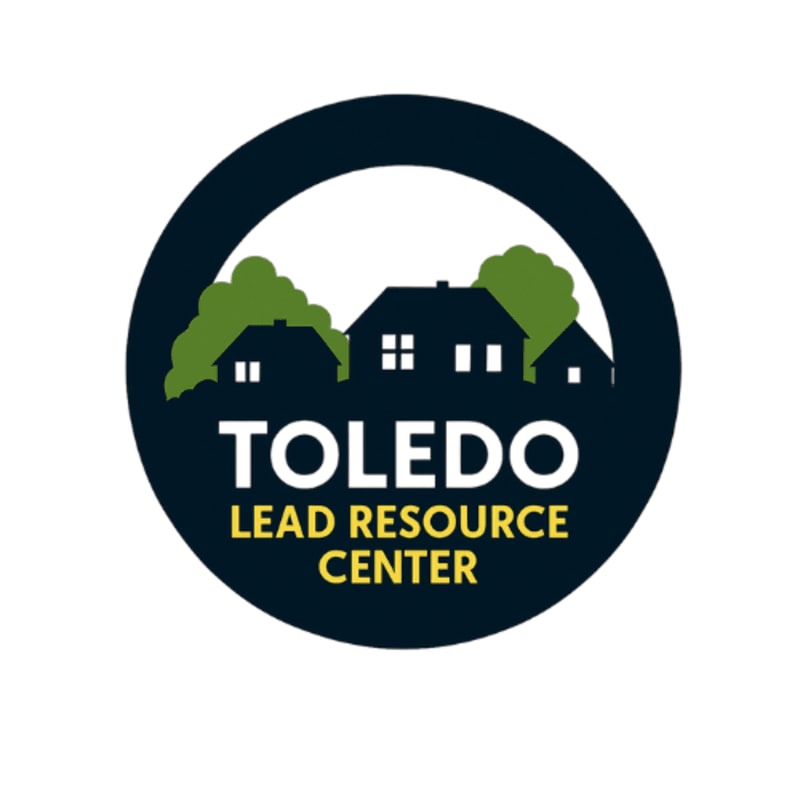 A dark blue circle contains white text reading "TOLEDO LEAD RESOURCE CENTER" in the foreground, with silhouettes of houses and trees in the background.