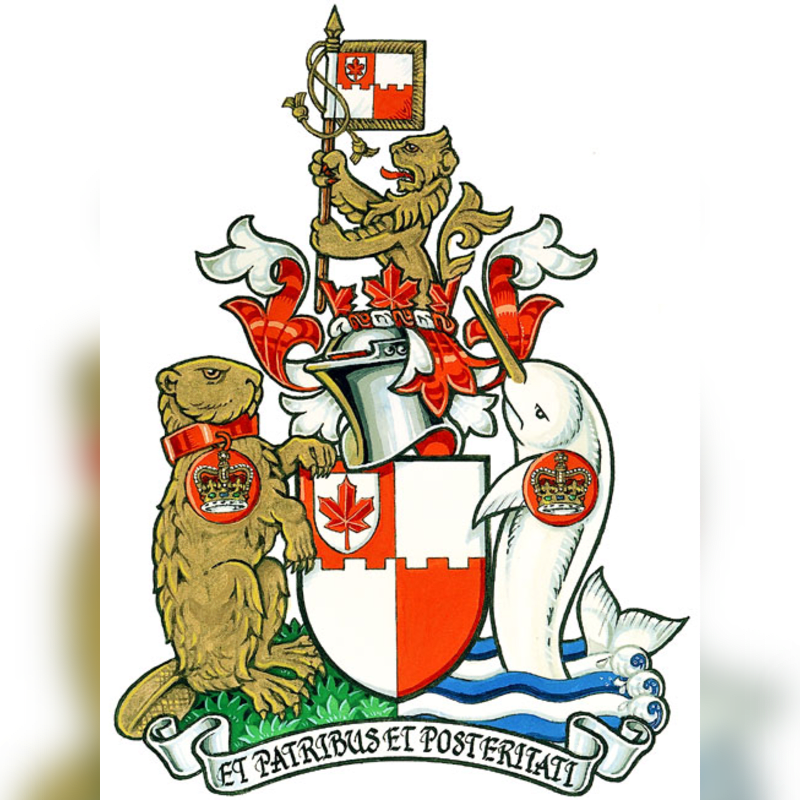A beaver and a narwhal flank a coat of arms featuring a maple leaf and castle battlements, all set against a white background with a wavy blue sea at the bottom.
