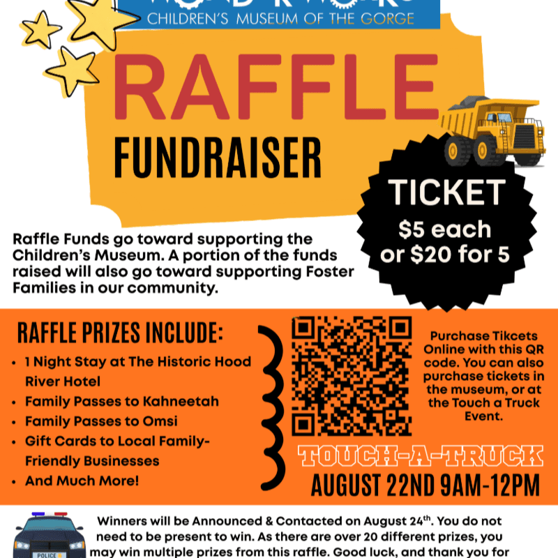 A bright yellow raffle flyer for a children's museum fundraiser is in the foreground, with a cartoon dump truck and stars, while the background is a solid orange color.