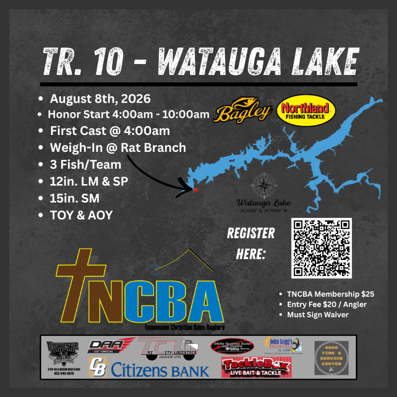 A dark background frames a fishing tournament announcement for Watauga Lake, featuring event details, logos, and a QR code in the foreground.