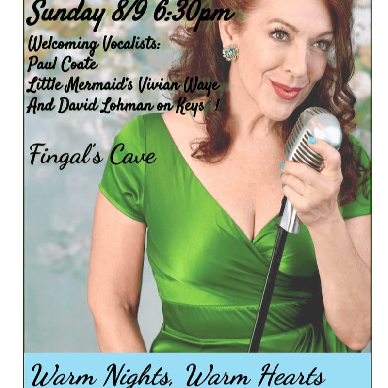 A woman in a green dress sings into a vintage microphone in the foreground, with event details and a light blue banner in the background.