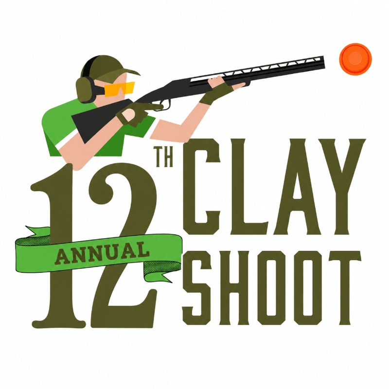 A person in the foreground aims a shotgun at a clay pigeon flying in the background, with "12th Annual Clay Shoot" text prominently displayed.
