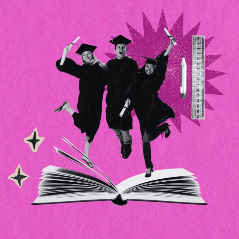 Three jubilant graduates in caps and gowns leap from an open book against a vibrant pink background adorned with school supplies and starbursts.