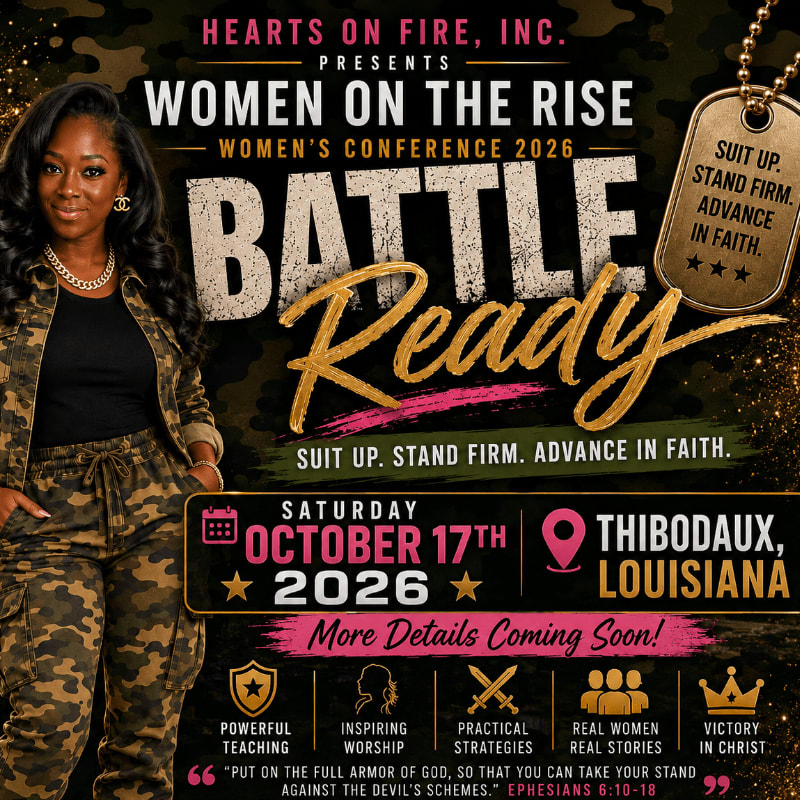 A woman in camouflage stands in the foreground against a background advertising the "Women on the Rise" conference.