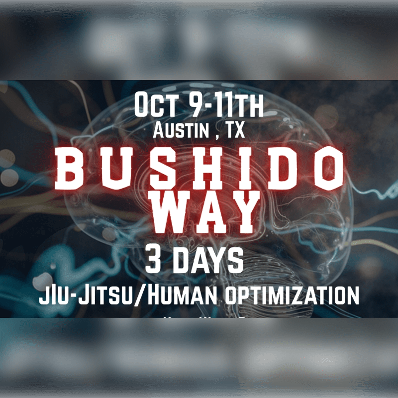 In the foreground, bold white text announces "BUSHIDO WAY" with event details, while the background features a stylized, glowing brain with abstract lines.