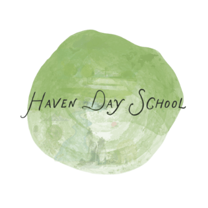 A green watercolor splotch with the words "Haven Day School" written in cursive in the foreground, set against a plain white background.