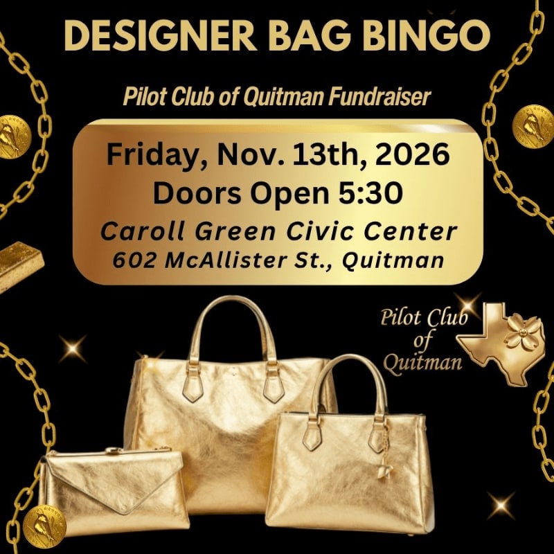 Golden designer bags are displayed in the foreground against a black background adorned with chains and coins, advertising a "Designer Bag Bingo" fundraiser.