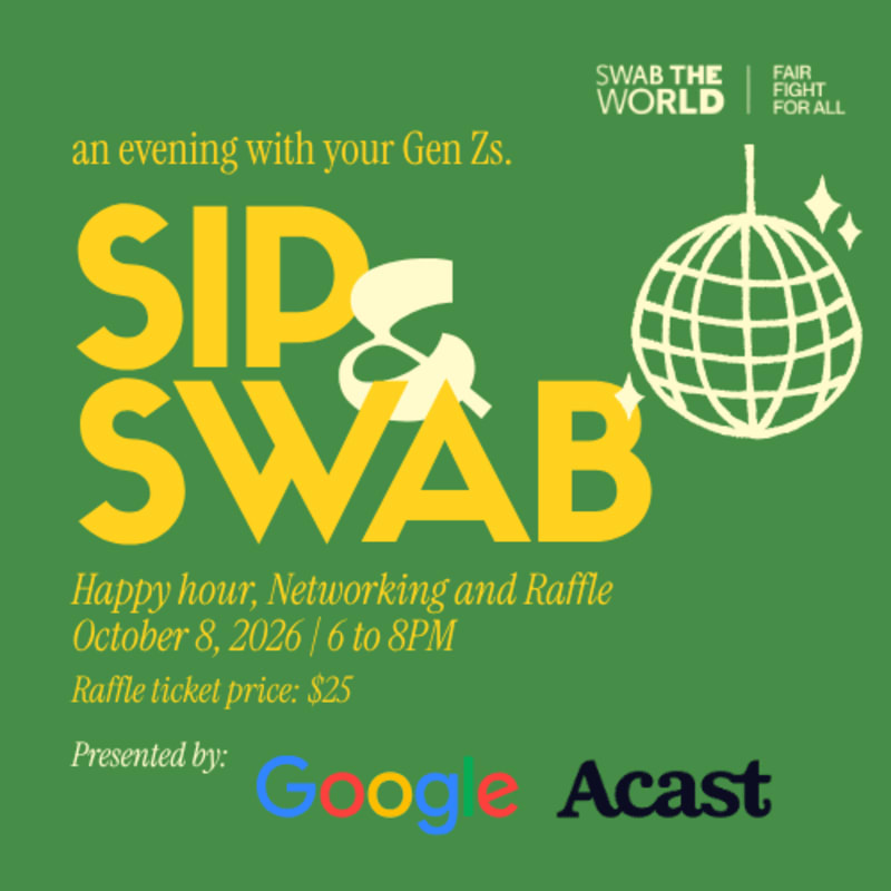 A green background features the bold yellow text "SIP & SWAB" in the foreground, with a disco ball and event details in the upper right and lower sections.