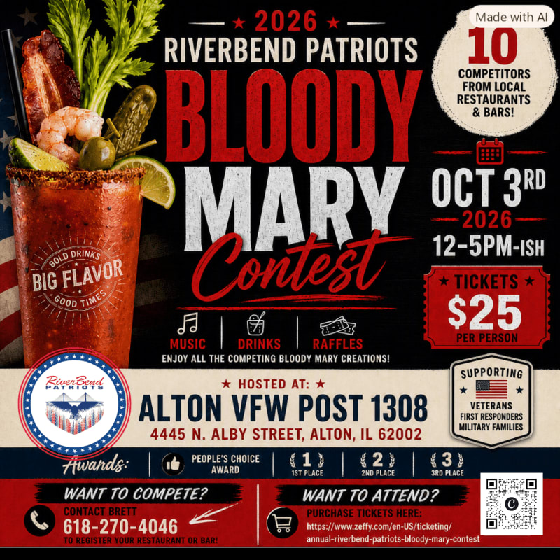 A large Bloody Mary cocktail with shrimp and pickles in the foreground is featured on a poster advertising the 2026 Riverbend Patriots Bloody Mary Contest hosted by Alton VFW Post 1308.