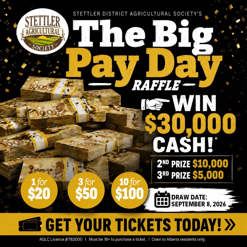 Stacks of Canadian currency fill the foreground, while the background features bold text announcing "The Big Pay Day Raffle" with prize details and a draw date.