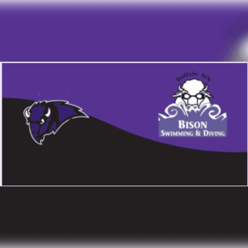 A purple and black background features a bison logo on the left and a sheep mascot with "Bison Swimming & Diving" text on the right.