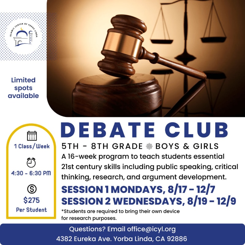 A gavel and scales of justice are in the background, while the foreground advertises a debate club for 5th-8th graders.