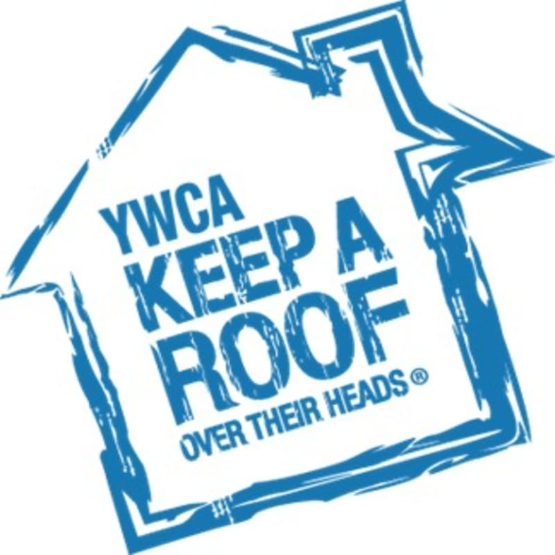 A blue, distressed outline of a house contains the text "YWCA KEEP A ROOF OVER THEIR HEADS" in white.