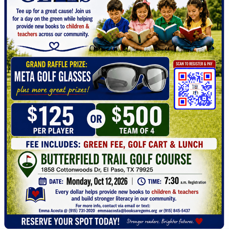 Four children read books on a grassy hill in the background, while the foreground displays event details for a golf fundraiser.