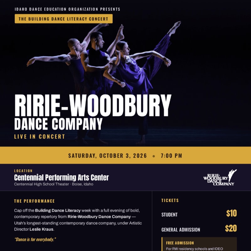 Three dancers in mid-leap are spotlighted against a dark background, with event details for the Ririe-Woodbury Dance Company concert displayed below.