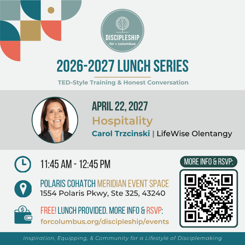 A woman's portrait and event details for a lunch series are presented against a light gray background with geometric shapes in the upper left corner.