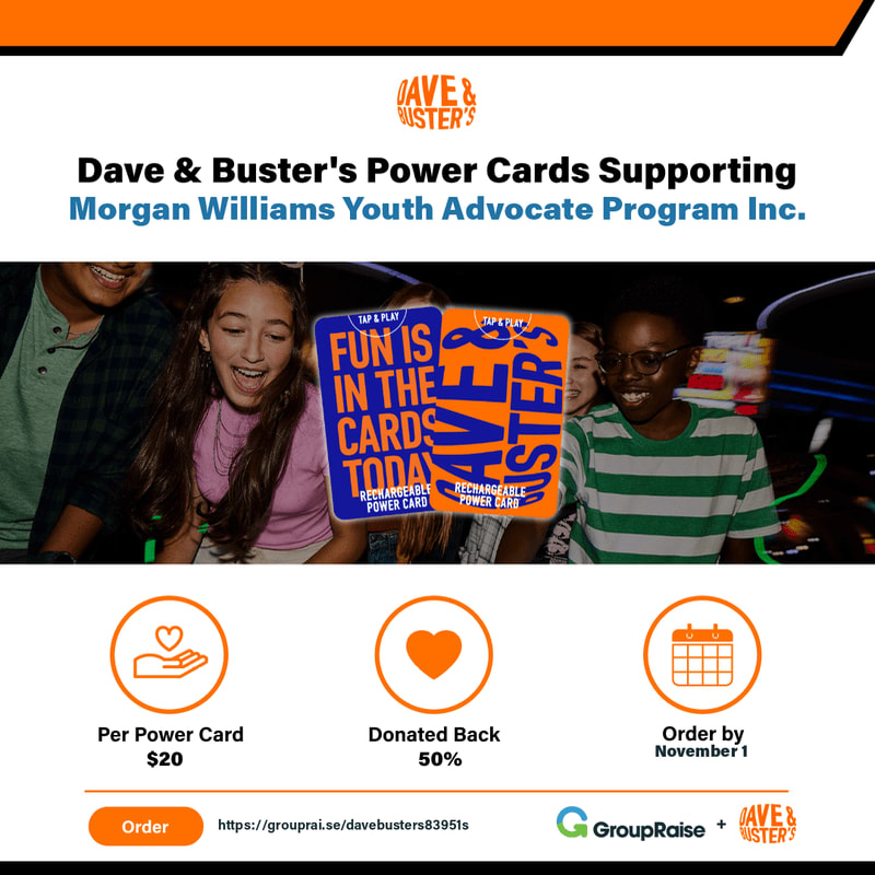 In the foreground, a graphic advertises Dave & Buster's Power Cards supporting the Morgan Williams Youth Advocate Program Inc., with details on pricing and ordering, while the background features a vibrant, blurred image of smiling young people enjoying themselves at the arcade.