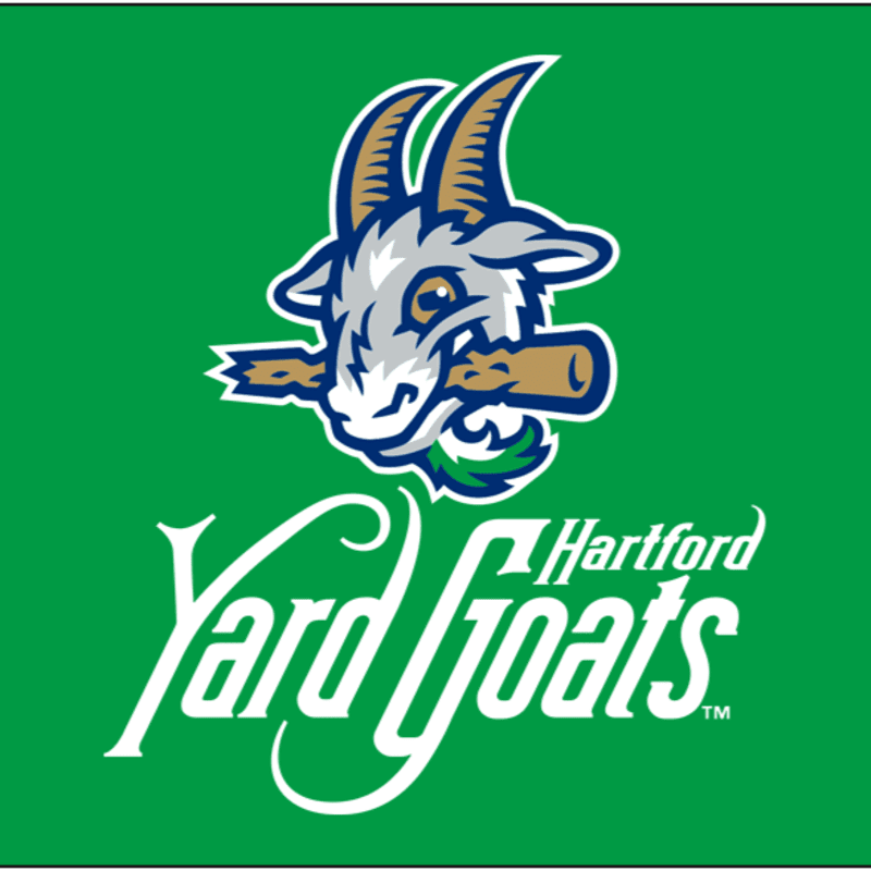 A cartoon goat mascot with a baseball bat in its mouth is centered on a bright green background with the "Hartford Yard Goats" team name written below it in white script.