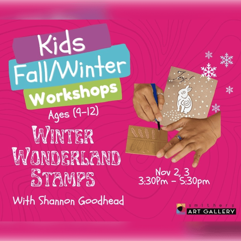 Hands are shown creating a winter-themed craft with snowflakes in the background on a pink, abstract background.
