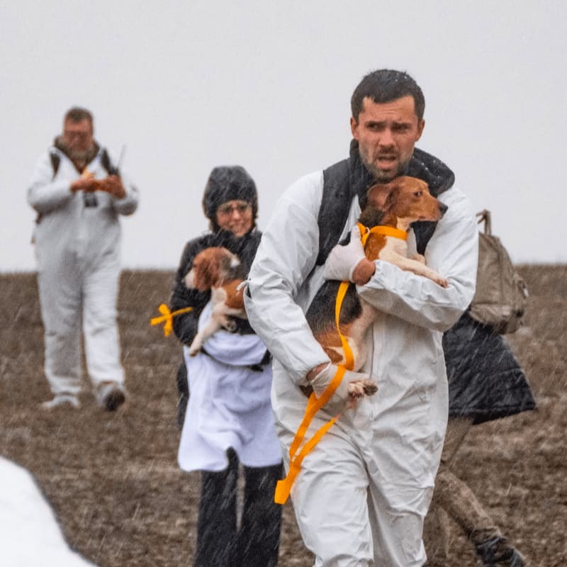 A man in a white suit carries a beagle in the foreground, while other people in similar attire walk in the background under a gray, overcast sky.