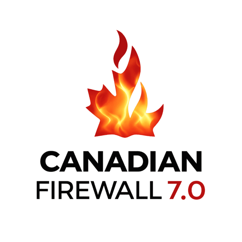 A fiery red maple leaf logo sits above the bold black text "CANADIAN FIREWALL 7.0" on a plain white background.