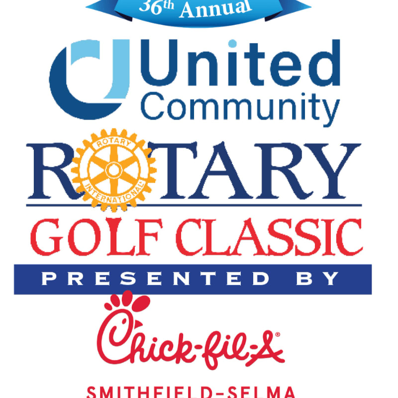 A blue banner with "36th Annual" arches over the "United Community" logo, followed by the "Rotary Golf Classic" text with a Rotary International emblem, all presented by Chick-fil-A Smithfield-Selma.