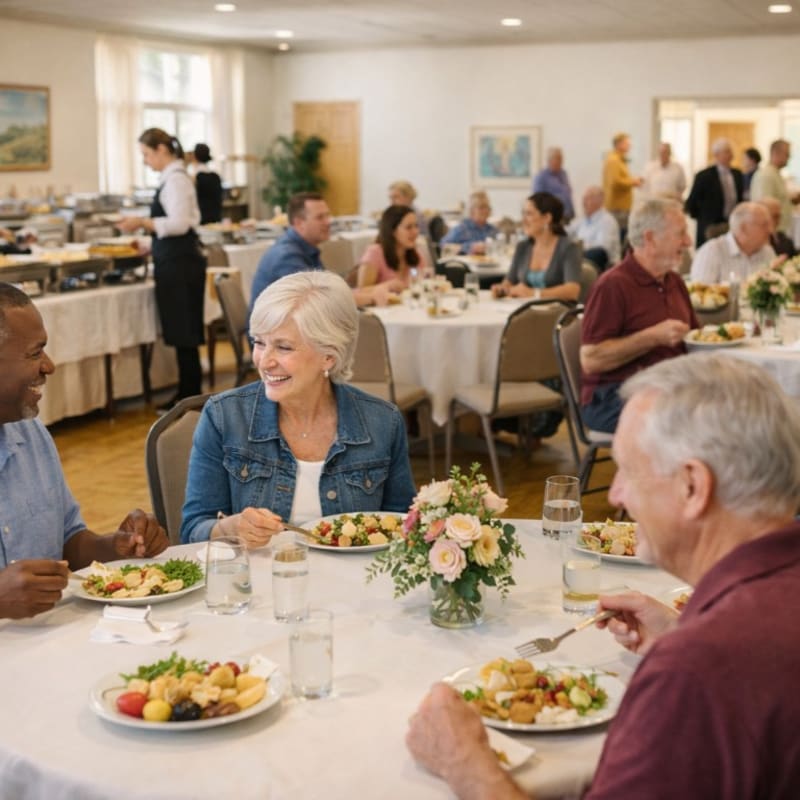 In the foreground, three people are seated at a round table enjoying a meal, while in the background, a banquet hall is filled with other guests and serving stations.