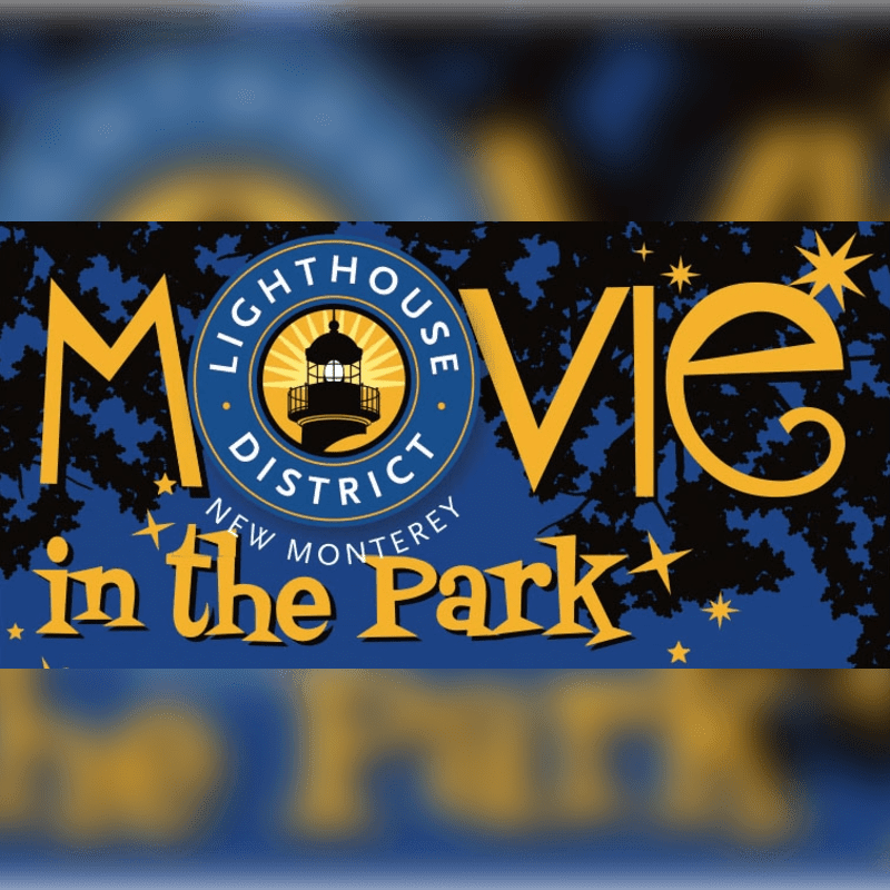 Yellow text reading "MOVIE in the Park" with a circular logo featuring a lighthouse is set against a dark blue background with silhouetted trees and stars.