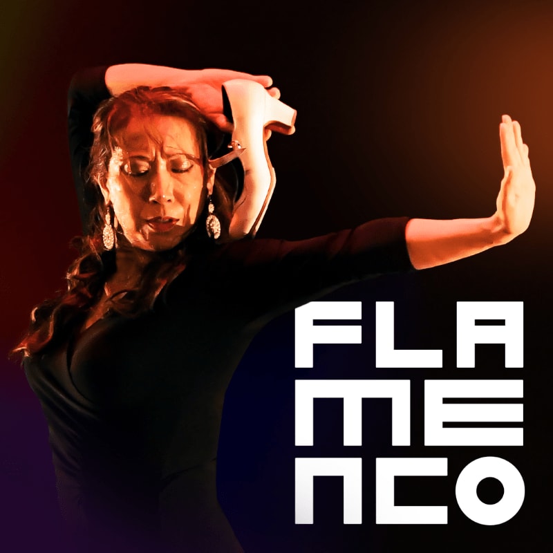 A flamenco dancer in the foreground holds a shoe above her head against a dark, gradient background with the word "FLAMENCO" in large white letters.