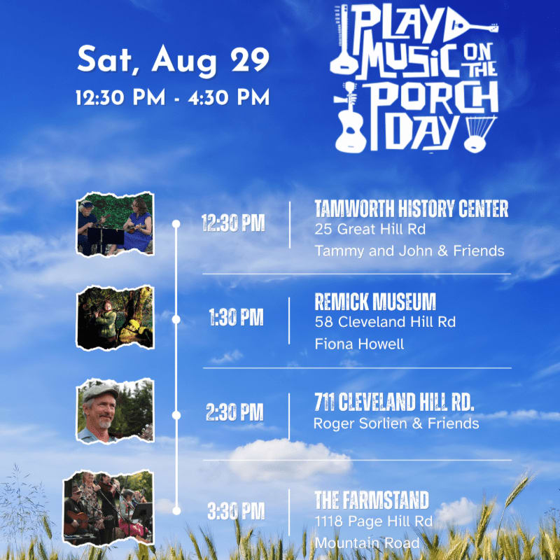 In the foreground, wheat stalks sway against a bright blue sky with scattered clouds, while the background displays a schedule of events for "Play Music on the Porch Day" with times, locations, and performers.