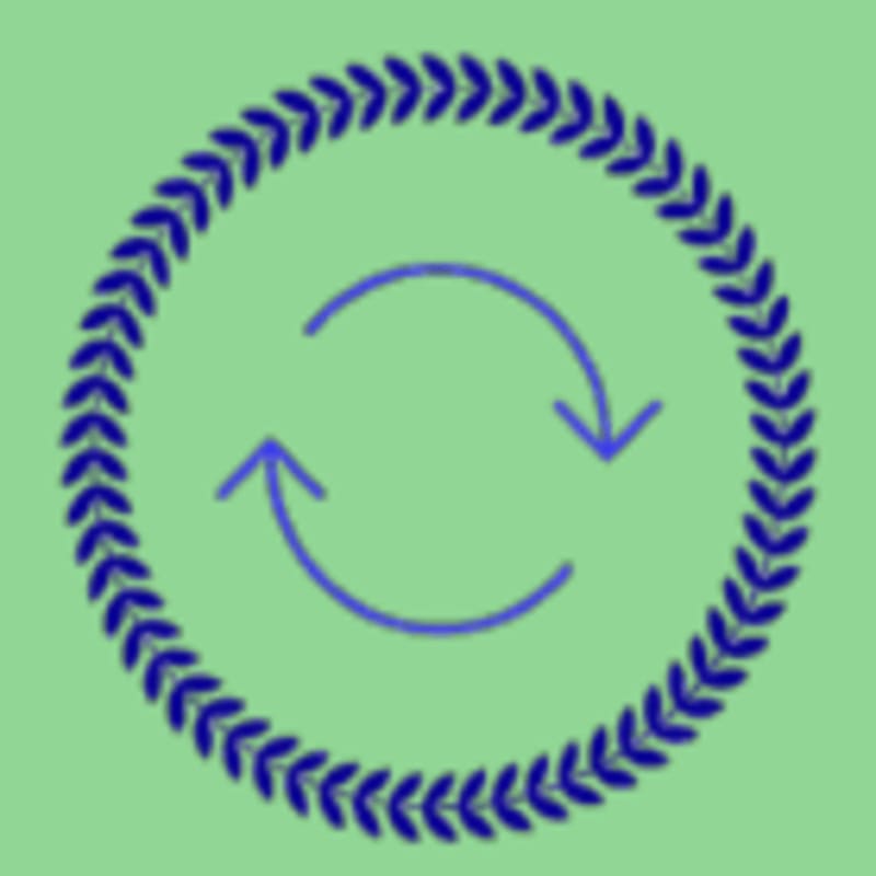 A circular border of blue laurel leaves encloses two blue arrows forming a circular refresh symbol against a light green background.