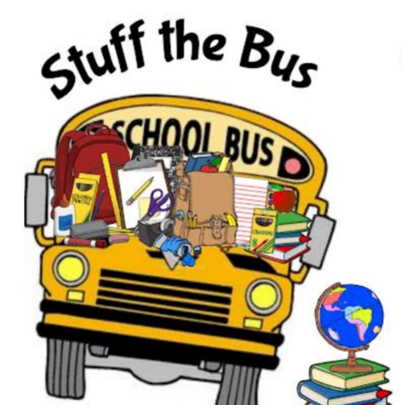 A yellow school bus is overflowing with school supplies in the foreground, with a globe on books in the background.