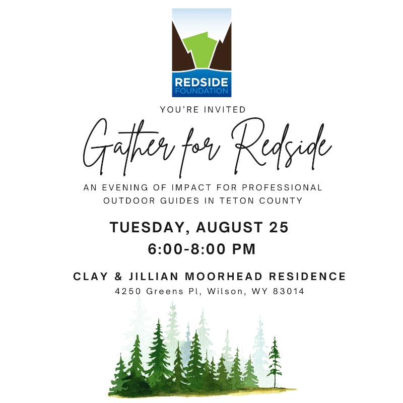 A watercolor illustration of evergreen trees in the foreground is set against a white background with event details and the Redside Foundation logo at the top.