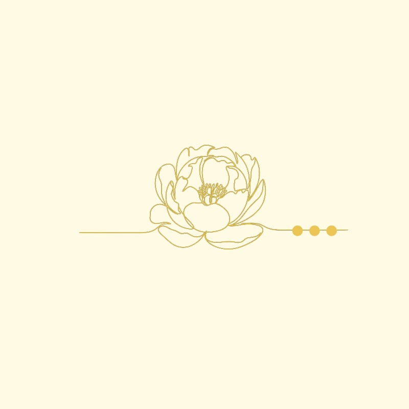 A delicate golden line drawing of a peony with three dots to its right rests against a soft cream background.