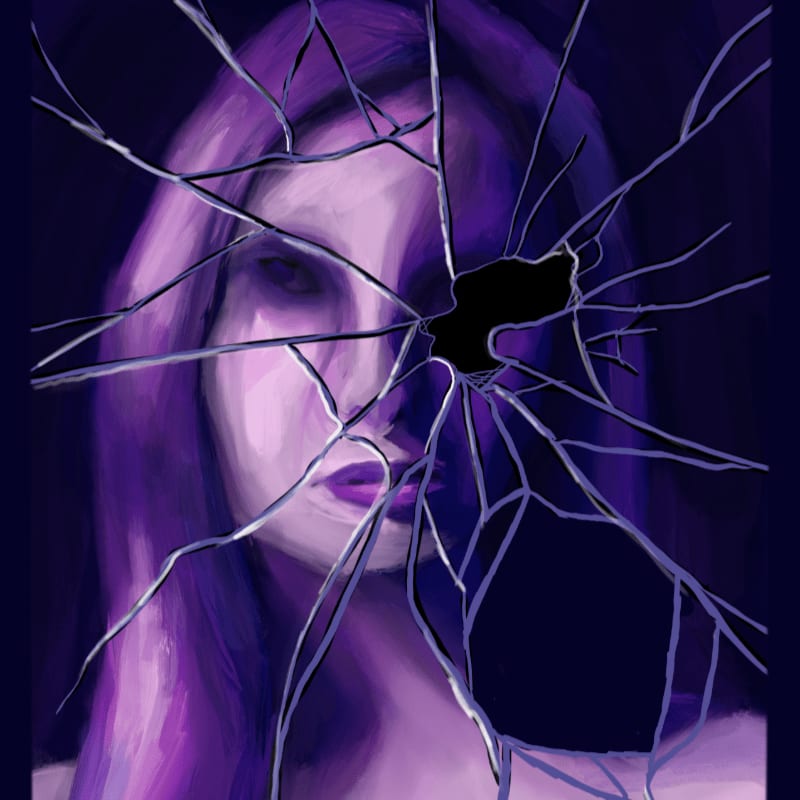A cracked mirror distorts the haunting purple gaze of a woman against a dark background.