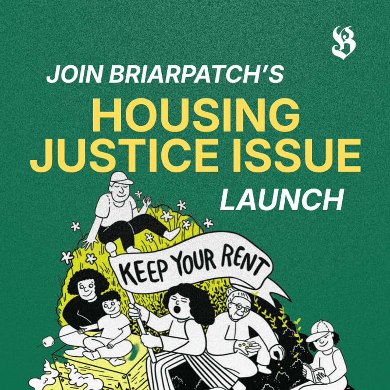 A group of diverse people celebrate a housing justice issue launch with a banner reading "KEEP YOUR RENT" against a green background.