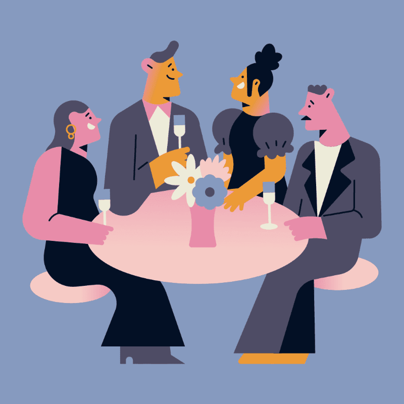 Four elegantly dressed people converse around a table with a floral centerpiece and drinks, set against a solid blue background.
