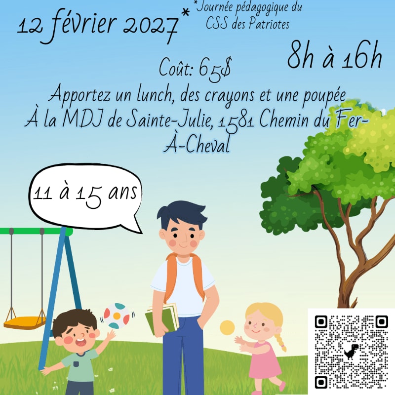 A colorful illustration of children playing on a swing set in the foreground, with text detailing an educational event on February 12, 2027, in the background.
