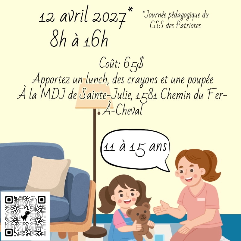 A light yellow background features text about a pedagogical day, with a blue couch and lamp in the foreground where two cartoon girls, one holding a teddy bear, are depicted.