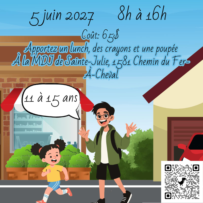 Two children, a girl in the foreground and a boy behind her, run past a building with text overlaying a street scene.