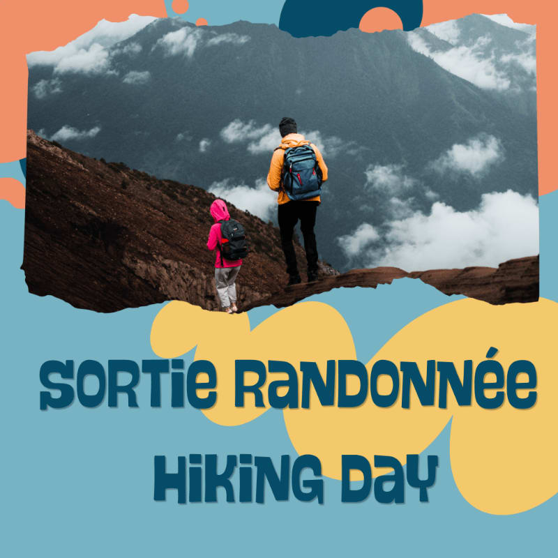 Two hikers stand on a rocky ridge with a cloudy mountain range behind them, overlaid with colorful abstract shapes and text reading "SORTie RaNDONNée HiKiNG Day".