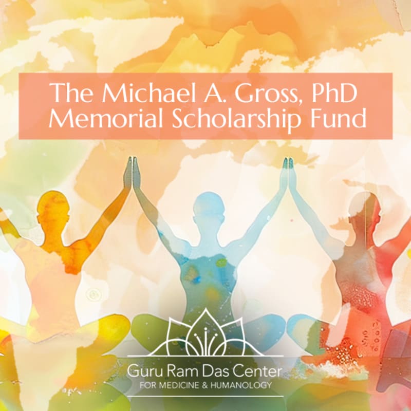 Silhouetted figures in yoga poses with outstretched arms are centered in front of a watercolor-like background of warm colors, with text overlaying the top and bottom of the image.