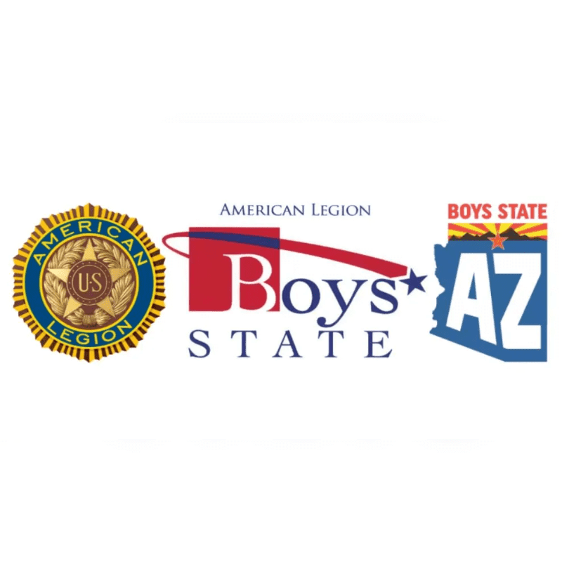 Three logos are displayed on a white background: the American Legion emblem on the left, the Boys State logo in the center, and the Arizona Boys State logo on the right.