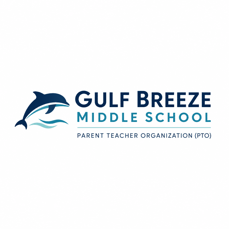 A dark blue dolphin leaps over stylized waves in the foreground, with the text "GULF BREEZE MIDDLE SCHOOL PARENT TEACHER ORGANIZATION (PTO)" in dark blue and teal filling the background.